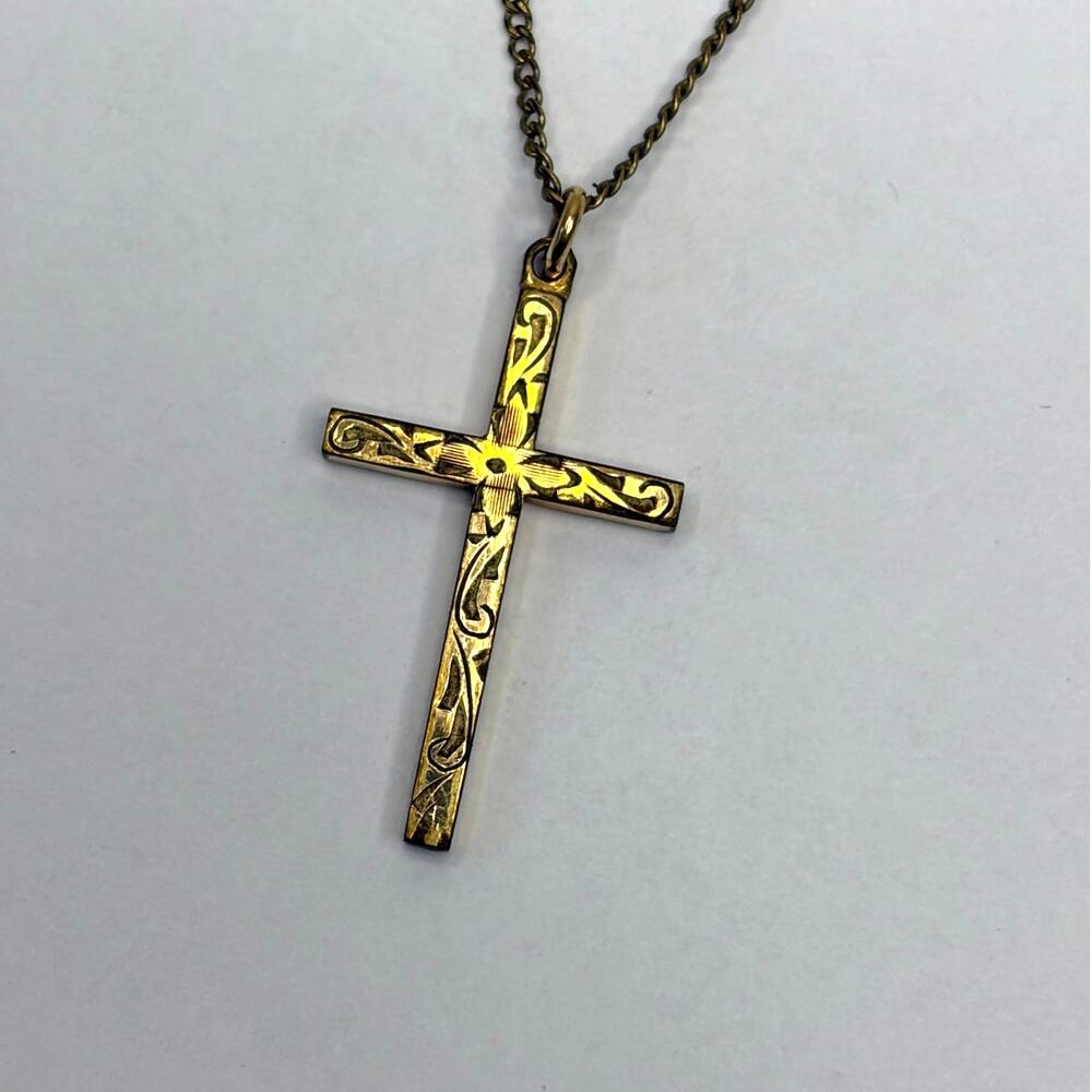 CARL ART 12K 1/20 YELLOW Gold Fill GF Etched Cross Pendant Necklace